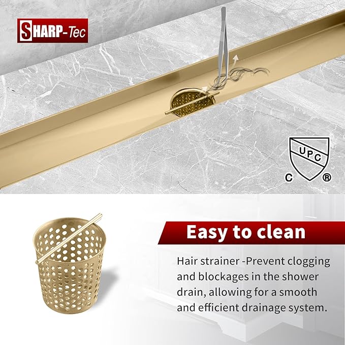 Sharp-tec 48 inch Linear Shower Drain, Golden Linear Drain with cUPC Certification, 304 Stainless Steel Shower Drain Easy to Install and Clean for Bathroom Shower Room, ST-099-48G