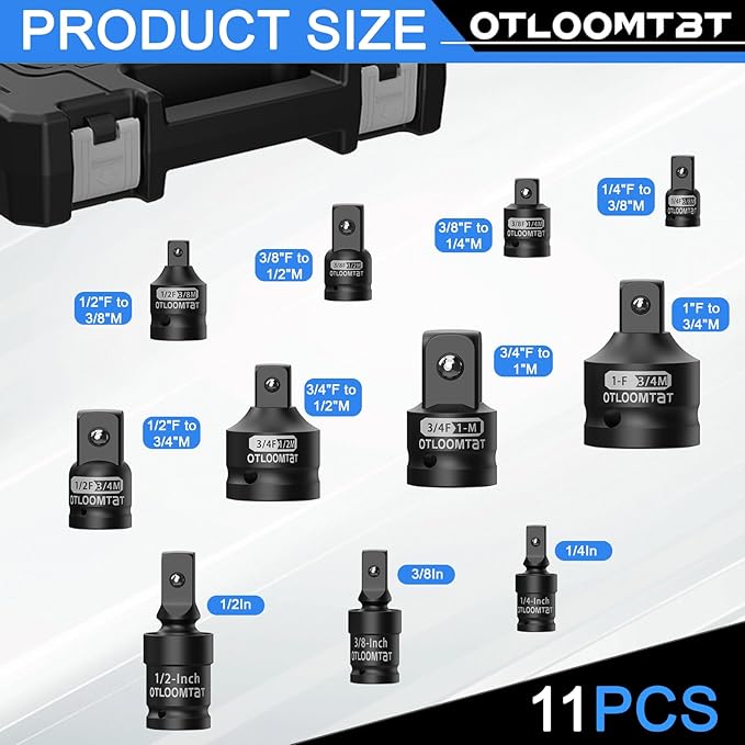 11PCS Impact Socket Adapter Set & Swivel Socket - Crafted from Industrial-Grade CR-MO Steel. Heavy-Duty Drop-Resistant Plastic Case 3/8 to 1/2 Adapters, 1/4 3/8 1/2 universal joint sockets