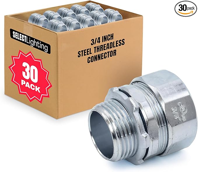 SELECT 30 Pack Lighting Threadless Connector, 3/4 Inch Zinc Plated Steel Compression Connector, Electrical Conduit Fittings for Indoor and Outdoor Use