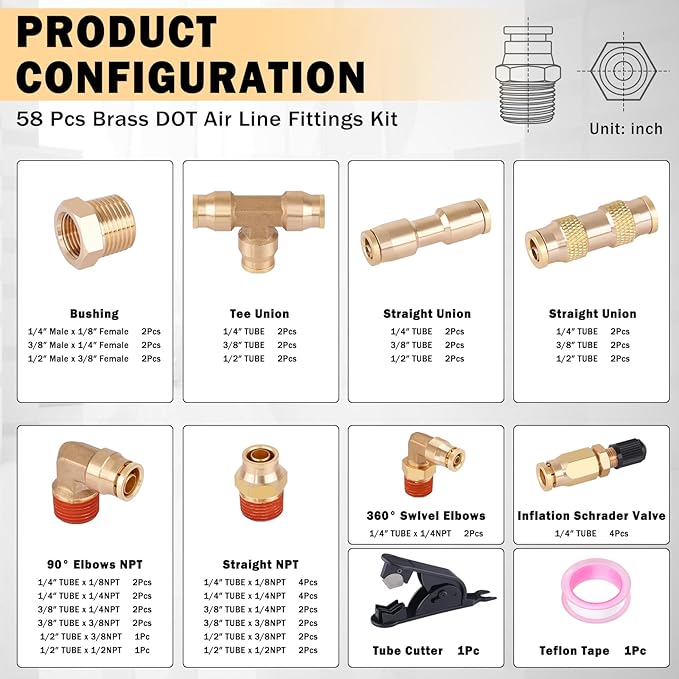 CheeMuii 58 Pcs Brass DOT Air Line Fittings Kit Push Lock DOT Air Fittings Push to Connect Fittings NPT Thread & Quick Connect Air Hose Fittings for Air Line Air Hose Pneumatic Tubing