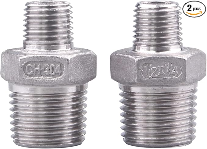SUS304 Reducer Hex Nipple - 1/2" Male NPT x 1/4" Male NPT Stainless Steel Adapter Threaded Pipe Fitting (Pack of 2)