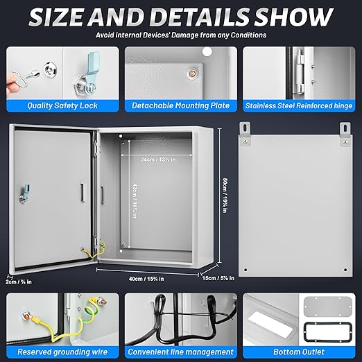 Steel Electrical Junction Box, 20 x 16 x 6 Waterproof & Dustproof Electrical Enclosure, Outdoor & Indoor Universal Project Box with Lock & Mounting Plate