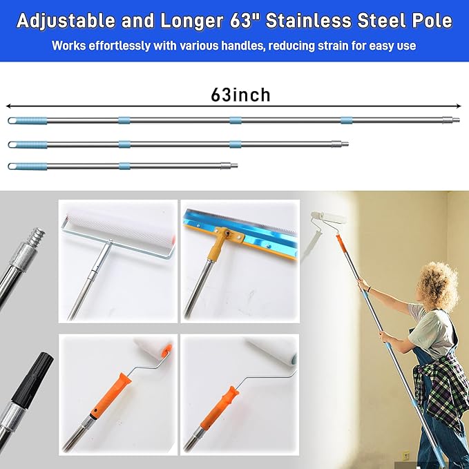 Self Leveling Cement Tool Kit- Epoxy Floor Tool Kit Includes Self-Leveling Rake, 2 Spiked Roller, 2 Flooring Construction Painter Roller, 16“-63” Telescopic Poles, Epoxy Spike Shoes and Gloves