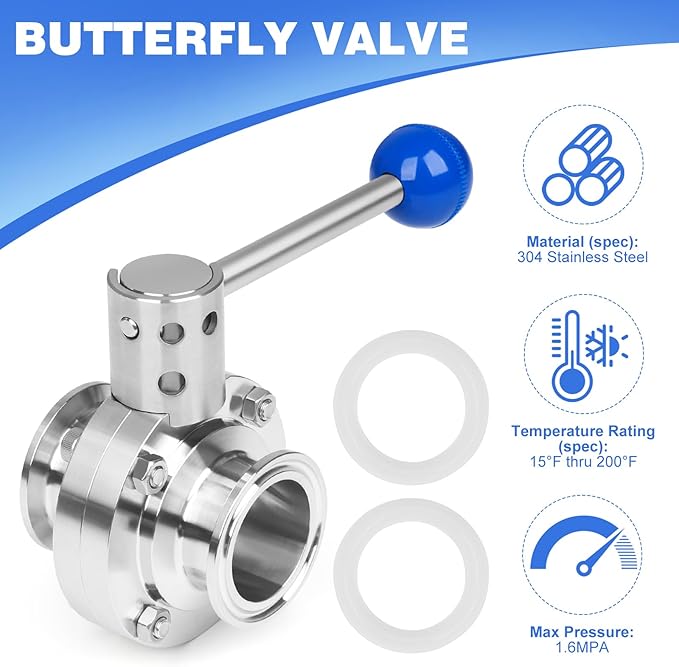 1 Inch Butterfly Valve 2 Pcs Sanitary Stainless Steel 304 with Pull Handle Tri Clamp Butterfly Valve