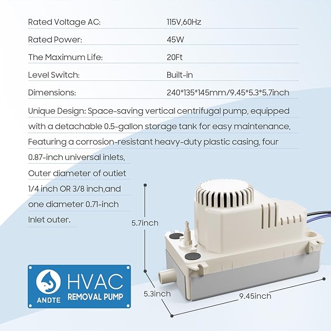 Automatic Condensate Pump HVAC/R Equipment Water Removal Pump AC Condensate Removal for Air Conditioner, Dehumidifier, 115-Volt, 60 Hz, 1/16 HP
