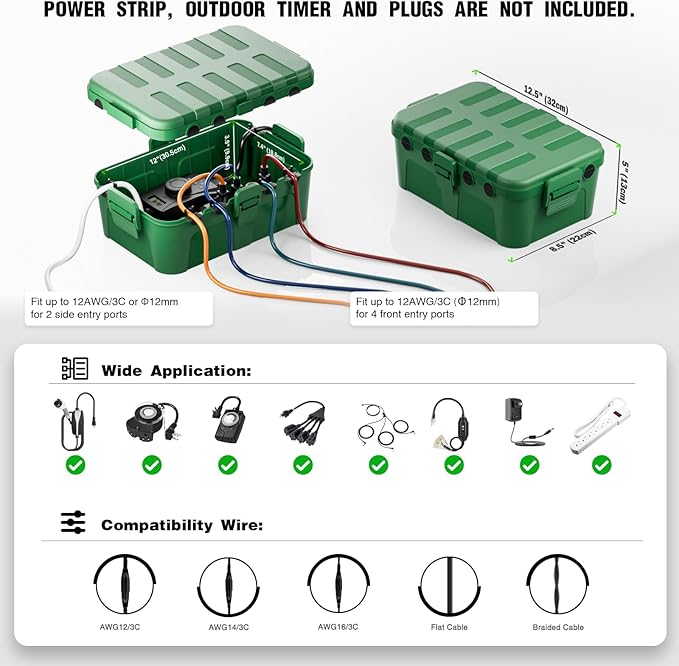 Flemoon 2-Piece Outdoor Waterproof Electrical Box Set – 12.5" x 8.5" x 5" Large & 8.1" x 4.9" x 3.1" Small Weatherproof Electrical Boxes for Power Strips, Outlets, Holiday String Lights, Green