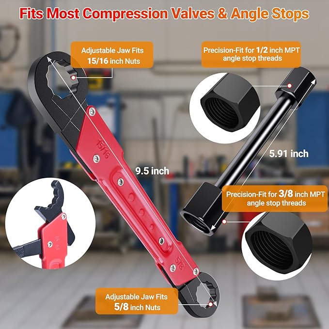 Preciva 9PCS Angle Stop Wrench Kit,2-in-1 Faucet Wrench & Compression Sleeve Puller with 5 Sandpapers &1 Storage Bag Plumbing Tool Set for Removing and Installing Angle Valves DIY & Experts