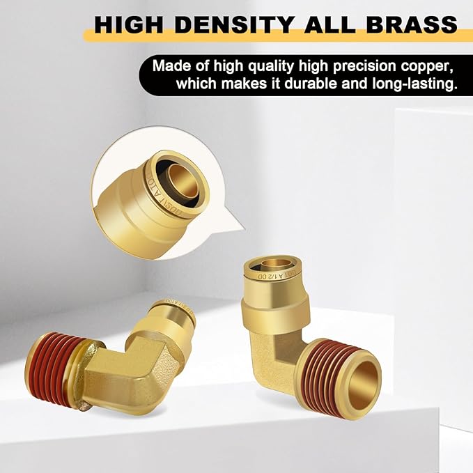 Siptenk 1/2" Elbow DOT Brass Push to Connect Air Line Fittings 5 PCS, 1/2" OD Tube x 1/2" NPT Thread Air Brake Line Quick Connect Fittings for Truck Trailers Industry Air System