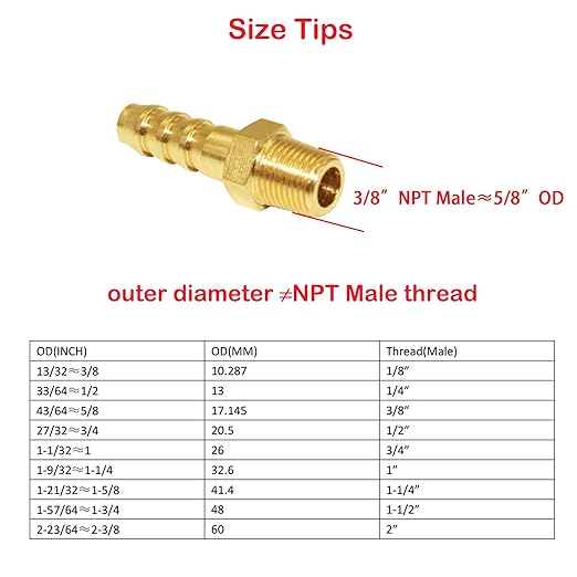 JoyTube 5 Pcs Hose Barb Fittings 5/8" Barb to 3/8" NPT Male Thread Brass Metals Adapter Connector with Hose Clamp