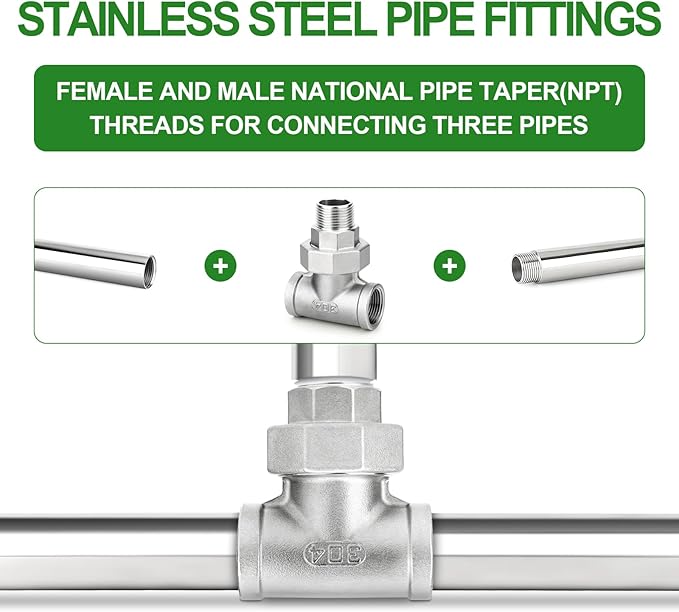 TAISHER 1PCS 304 Stainless Steel 3 Way Tee Union，1/2" NPT Female x 1/2" NPT Male x 1/2" NPT Female Cast Pipe Fitting