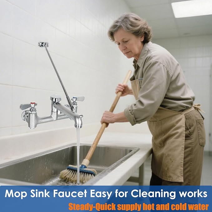 WHK Commercial Mop Sink Faucet with Vacuum Breaker Wall Mount Faucet 8" Adjustable Center,Pail Hook use for Hot Cold Water Utility Indoor/Outdoor,Garden(Brass,Rough Chrome)