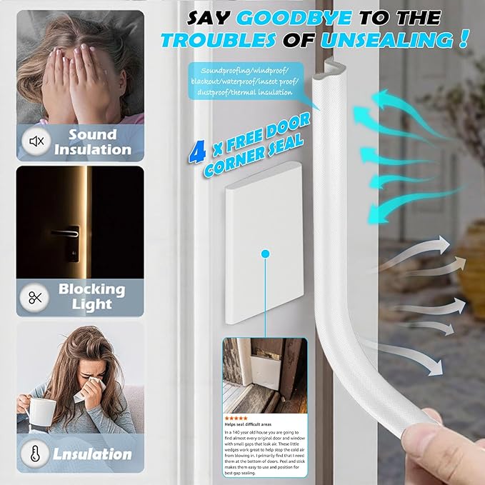 20FT Kerf Weather Stripping Door Seal Sound Proof Weather Strips Seal Strip for Front Door Frame Soundproofing Exterior Door Insulation Gasket (with 4 Door Corner Seals)