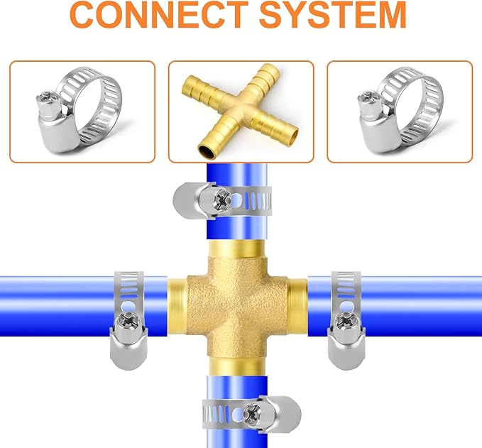 GASHER 2PCS 1/4" Brass Hose Barb, 4-Way Fitting with 8 Clamp Intersection/Liquid/Fuel/Air