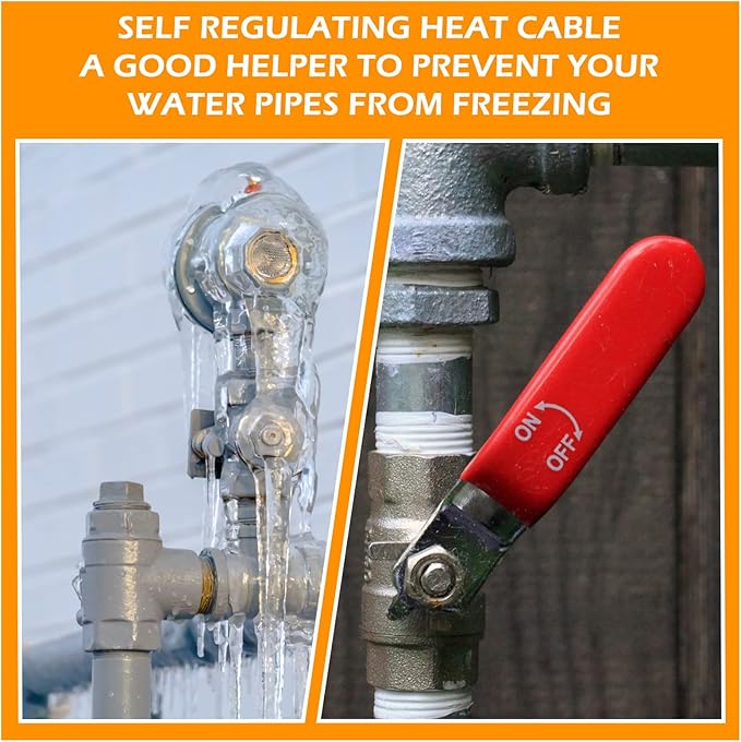 Kingdder 6FT - 48FT Heat Tape for Water Pipes Thermostat Self Regulating Heating Cable with Power Indicator Plug Built-in, Heavy Duty Heating Cable for Pipe Freeze Protection, 120V 8W/ft(1 Pcs,42 Ft)