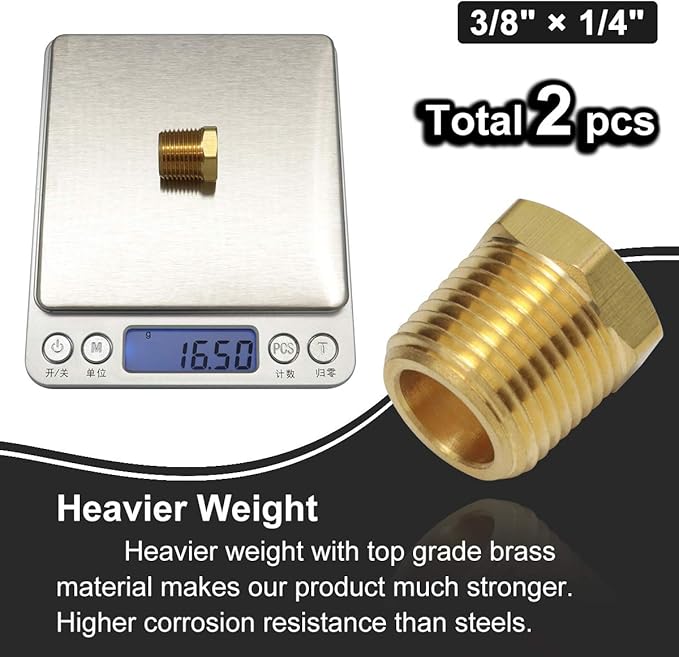 3/8 Inch NPT Male Thread to 1/4 Inch Female NPT Thread Brass Pipe Fitting Reducing Hex Head Hose Bushing Adapter Convert Pack of 2