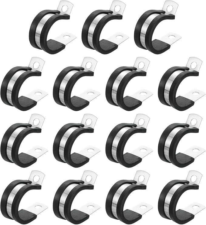 uxcell 1"(24mm) Cable Clamp, 304 Stainless Steel Rubber Cushioned Insulated R Shape Metal Clamp Tube Holder for Pipe Hose Wire Cord Installation 15Pcs