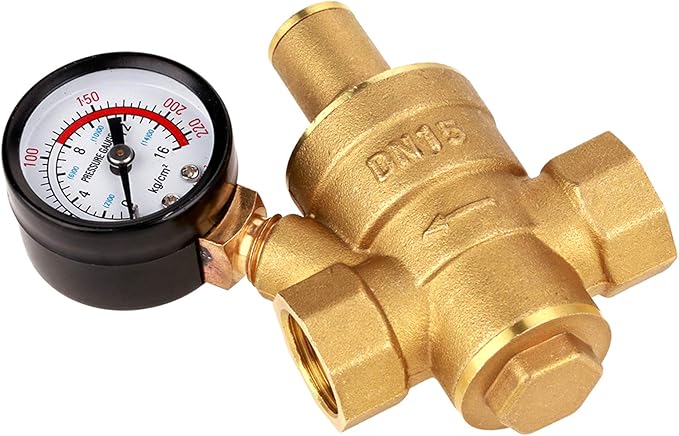 Water Pressure Regulator Valve, DN15 Brass RV Adjustable Water Pressure Reducer With Meter for RV Travel Trailer