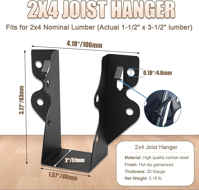 20 PCS 2x4 Joist Hanger,Black Powder-Coated,18 Gauge Galvanizing Face Mount,for Rafter Hurricane Ties Joist Hangers, Tie Brackets for Floor Deck and Ceiling Trusses (2"x 4", 20PCS)