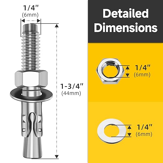Mywish 1/4 x 1-3/4 Inch Wedge Anchors, 10Pcs 304 Stainless Steel Industrial 1/4 Heavy Duty Industrial Masonry Wdege Anchor Bolts for Brick Cement and Concrete, Bright Finish