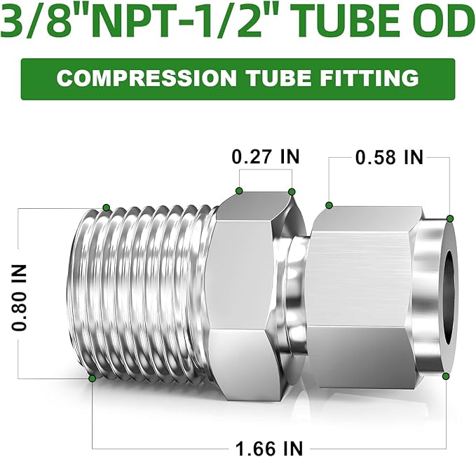 TAISHER 5PCS 304 Stainless Steel Compression Tube Pipe Fitting Connector, 3/8" Tube OD x 1/2" NPT Male Straight Adapter