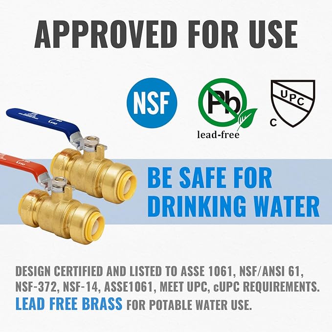 Shut Off Ball Valve 1 Inch, SUNGATOR 1 Inch Ball Valve, Push-to-Connect Water Shutoff, Easily Match to Pipe using Red and Blue Handle,No Lead Brass Plumbing Fittings for PEX Pipe,Copper,CPVC,Pack of 2
