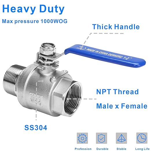 DERNORD 2 Pack Full Port Ball Valve 1-1/4 Inch - Male x Female Stainless Steel 304 Heavy Duty for Water, Oil, and Gas, 1000WOG