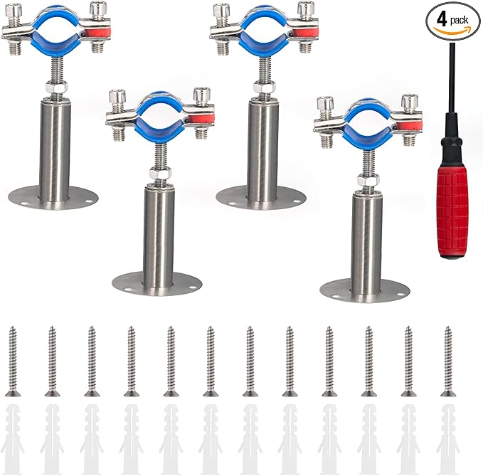 Kodilin 4PCS 304 Stainless Steel Wall Mount Ceiling Mount Pipe Supports,Suitable for OD Pipe 1-1/4"(38-40mm),Adjustable Height 100-145mm,Adjustable Pipe Strap Clamp with Screws