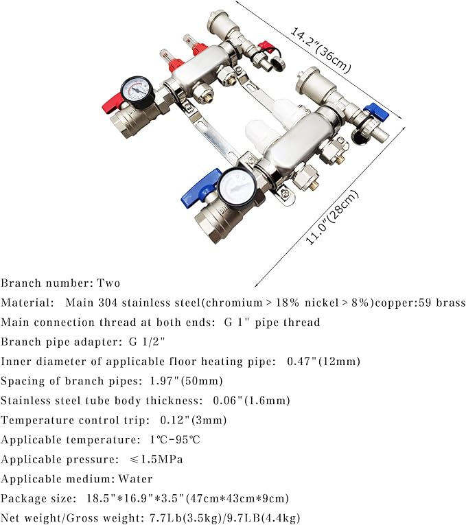 2 Branch PEX Radiant Floor Heating Manifold Set, Floor Heating Water Distributor 1/2" Pipe Adapter 304 Stainless Steel and Brass, for Heating Systems
