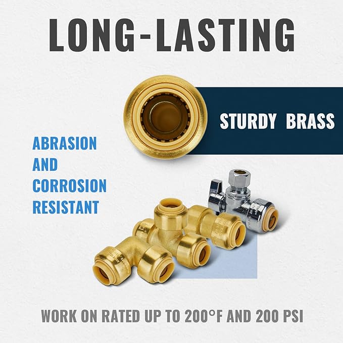 SUNGATOR Push Plumbing Fitting Kit 1/2 Inch, 10 Each Straight Coupling, Elbow, Angle Shut Off Valve, Tee (5 PCS), No Lead Brass Push to Connect Pex Pipe,Copper,CPVC, with 1 Disconnect Clip, Pack of 35