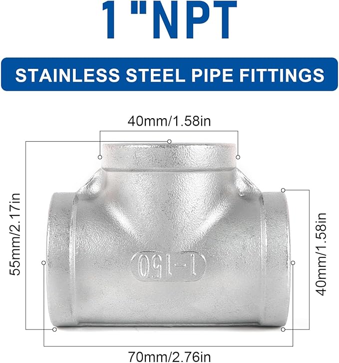 Kodilin Pipe Fittings 304 Stainless Steel Tee Pipe Fittings 1" x 1" x 1" NPT Female Thread Adapter - 4PCS