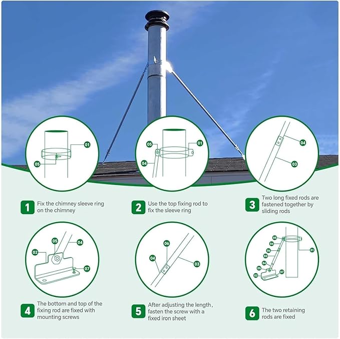 Stainless Steel Extended Roof Chimney Support Kit, 6-14" Adjustable Extended Roof Brace, Chimney Stove Pipe Support Provide Stability