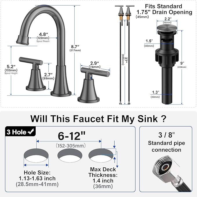 Bathroom Faucets for Sink 3 Hole, Hurran 8 inch Widespread Brushed Grey Bathroom Sink Faucet with Pop-up Drain and Supply Hose, Stainless Steel Lead-Free Faucet for Vessel Sink Vanity RV