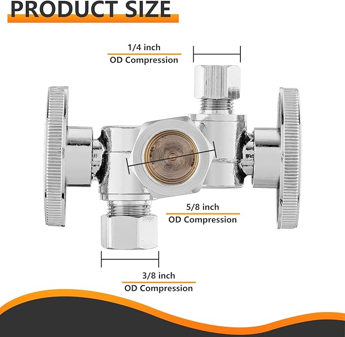 5-PCs HeSun Dual Shut Off Angle Valve, 1/2" Nominal (5/8"OD) x 3/8" OD x 1/4" OD Compression, 1/4-Turn Stop Valve with 2 Shut Offs, PEX Chrome Plated Brass(VALVE137-5)