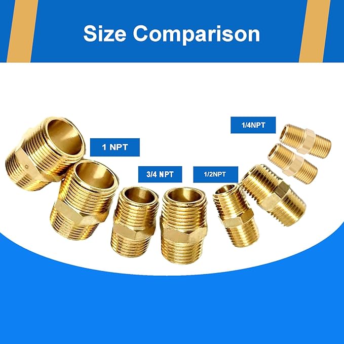 4PCS Hex Nipple 3/4"NPT x 3/4" NPT Male Solid Brass Pipe Fitting, 3/4 inch Brass nipple Male Threaded Pipe Adapter Fittings Equal Nipples Connectors Couplings