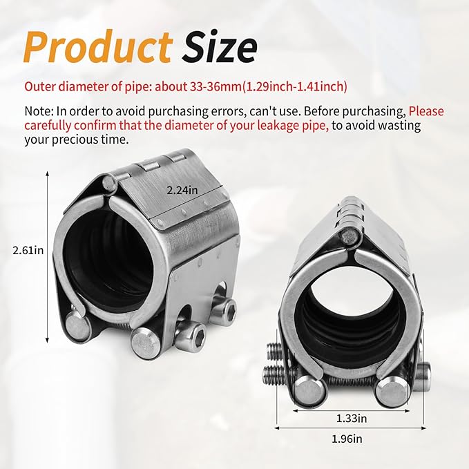 Pipe Repair Clamp Kit -1 Inch 33mm-36mm High Pressure Resistant Pipe Coupling Clamp for Plastic&Metal Pipes, Emergency Duty Leak Sealer with Stainless Steel, Quick Fix for Water/Gas/Oil Lines