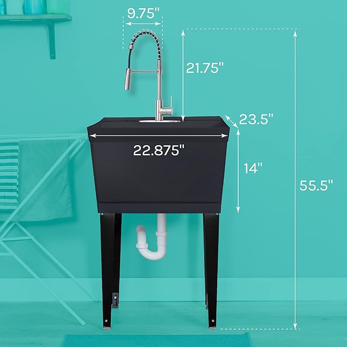 Utility Sink Extra-Deep Laundry Tub in Black with High-Arc Stainless Steel Coil Pull-Down Sprayer Faucet, Integrated Supply Lines, P-Trap Kit, Heavy Duty Floor Mounted Freestanding Wash Station