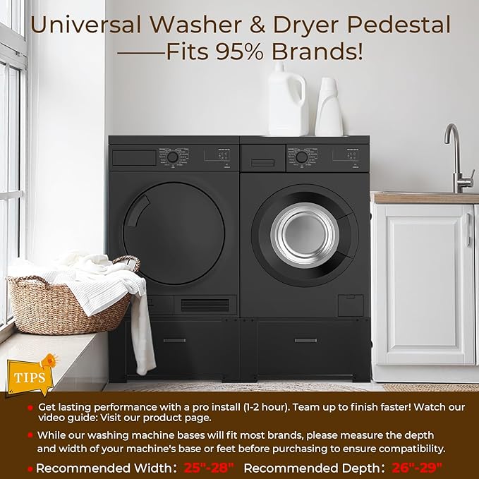 SKM 2-Pack 28" Washer and Dryer Pedestal Stand with Storage Drawer | Heavy-Duty Steel Frame, 700LB Capacity | 14.3 Inch Lift to Reduce Back Strain, Black
