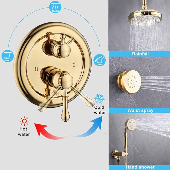 Enga Antique Shower Faucet Sets 8 inch Rainfall Head with Body Jets Handheld Spray Fixtures Combo, Brass 3 Way Diverter Rough in Valve Trim Kit, Bright Gold