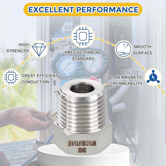 2 Pack 304 Stainless Steel Pipe Fittings, 1/2" MNPT to 1/4" FNPT Hex Bushing Reducer, Hose Tube Threaded Adapters for Air, Oil, LP, Gas