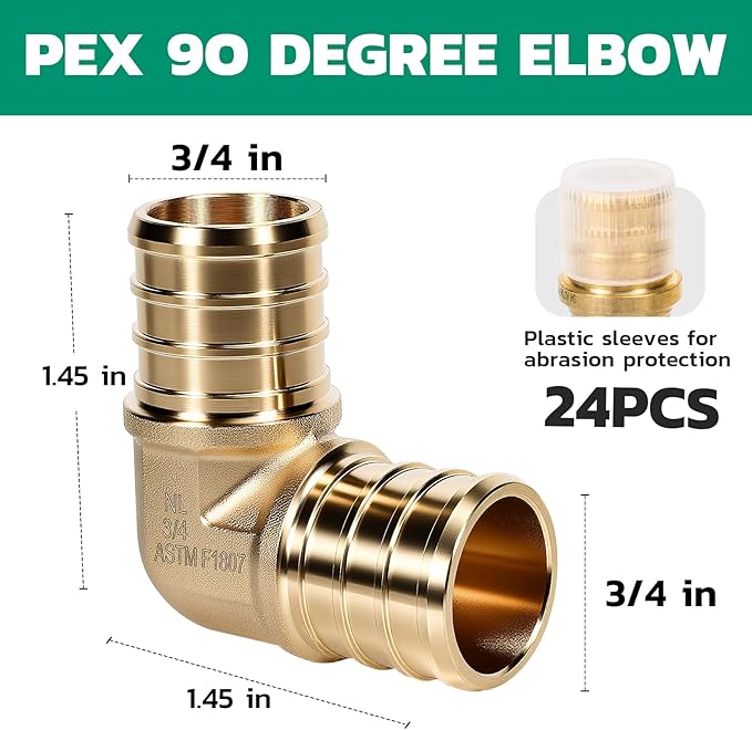 PEX Fittings 3/4 Inch, 24PCS Elbow Lead-Free Brass Connectors for PEX B Pipe, NSF UPC Certified, ASTM F1807, Compatible with Crimp/Clamp Rings (Hot/Cold Water, Hydronic Heating)