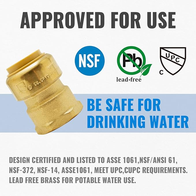 SUNGATOR 3/4 Inch Female Adapter Pushfit, 3/4 Inch FNPT, No Lead Brass Push-to-Connect Plumbing Fitting for PEX Pipe, Copper, CPVC, With 1 Disconnect Clip, Pack of 6