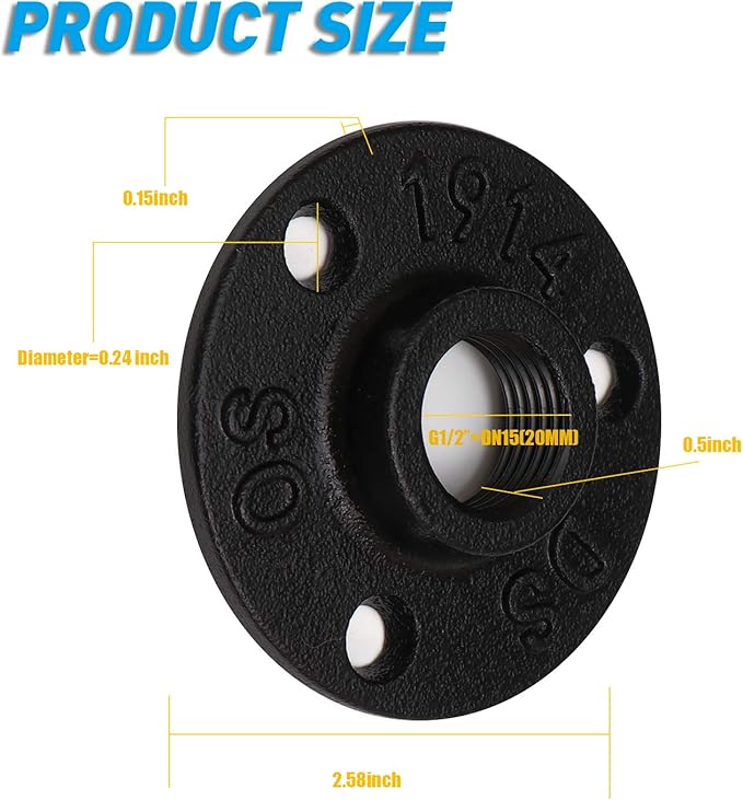 1/2" Antirust Black Painted Floor Flange, 10 PackMalleable iron Pipe Fittings for Industrial vintage style, Flanges with Threaded Hole for DIY Project/Furniture/Shelving Decoration (10, 1/2")