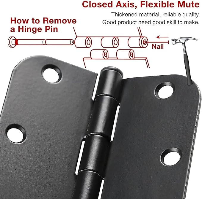 18 Pack Matte Black Interior Door Hinges Round 3.5" x 3.5 Inch 5/8" Radius Heavy-Duty Mat Hinge for Doors