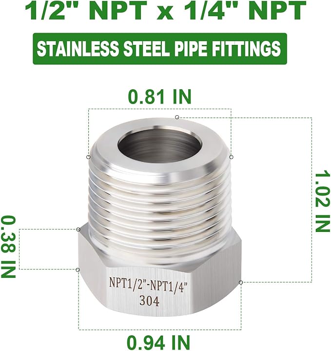 TAISHER 5PCS Forging of 304 Stainless Steel Reducer Hex Bushing, 1/2" Male NPT to 1/4" Female NPT, Reducing Forging Pipe Adapter Fitting