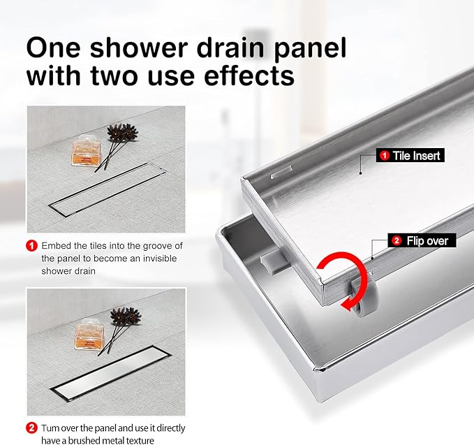 SaniteModar Linear Shower Drain, Shower Drain 12 inch Tile Insert 2 in 1 Panels, 304 Stainless Steel Brushed Shower Floor Drain, Shower Drain with Adjustable Feet and Hair Filters