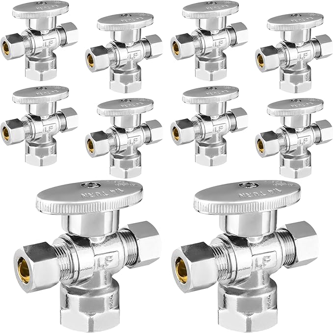 10-PCs HeSun Dual Compression Outlet Angle Stop Valve, 1/2" FIP x 3/8" OD Comp x 3/8" OD Comp, 1/4-Turn Shut Off Valve for Bathroom, PEX Chrome Plated Brass(VALVE369-10)