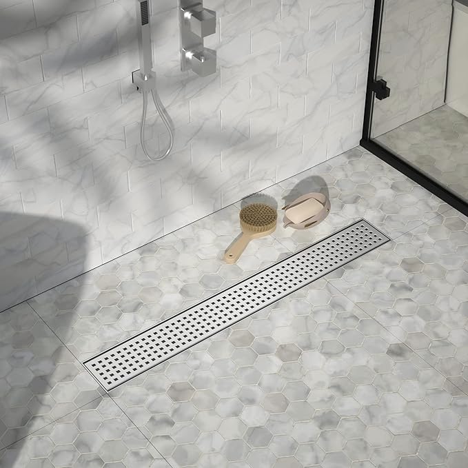Linear Shower Drain 30", 304 Stainless Steel Floor Drain with Grid Drain Cover & Hair Strainer, Rectangular Shower Drain w/CUPC Certified, Brushed