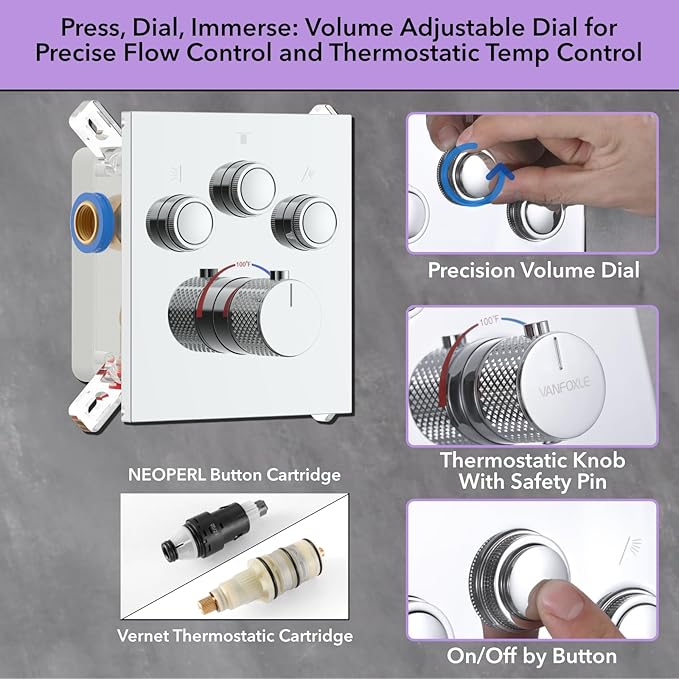 VANFOXLE Temperature Shower Faucet Set Chrome Shower System, Push Button Diverter Shower Faucet with 2 In 1 Handheld, 16 Inch LED Shower Head, 6 PCS Body Jets