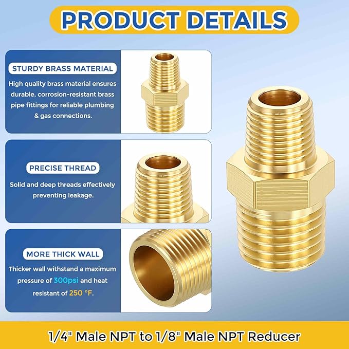 12 Pack Brass Pipe Fittings, 1/4" Male NPT to 1/8" Male NPT Brass Hex Nipple, Male Pipe Adapter Reducer for Air, Oil, LP
