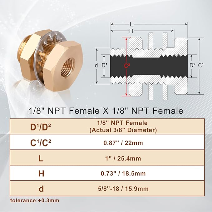 2pcs Brass Bulkhead Fittings 1/8” NPT Female to 1/8” NPT Female Thread Bulkhead Straight Connector Brass Coupling 1” Length Outer Diameter 5/8”-18 Bulkhead Tank Air Hose Line Pipe Fittings